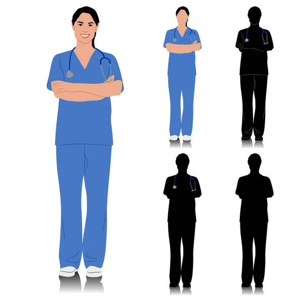 Χειροποίητη Γυναίκα Νοσηλεύτρια Χαρούμενη Χαμογελαστή Γιατρός Στηθοσκόπιο Νοσοκόμα Μπλε Στολή — Διανυσματικό Αρχείο