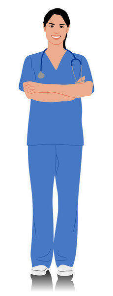 Hand-drawn female healthcare worker. Happy smiling female doctor with a stethoscope. Nurse in blue uniform. Vector flat style illustration set isolated on white. Full length view