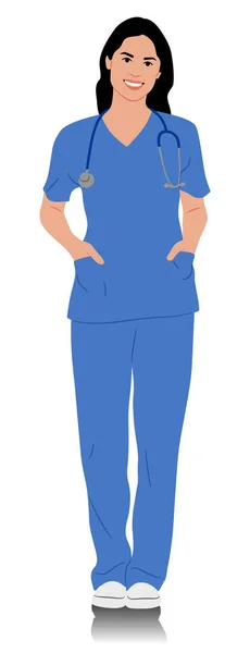 Trabajadora Salud Dibujada Mano Feliz Doctora Sonriente Con Estetoscopio Enfermera — Vector de stock