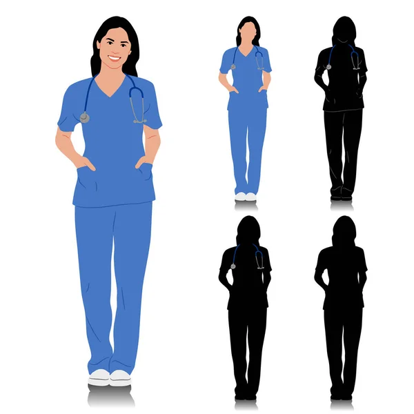Travailleuse Santé Dessinée Main Joyeux Docteur Souriant Avec Stéthoscope Infirmier — Image vectorielle