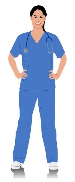 Ručně Tažená Pracovnice Zdravotnictví Šťastně Usmívající Doktorka Stetoskopem Sestra Modré — Stockový vektor