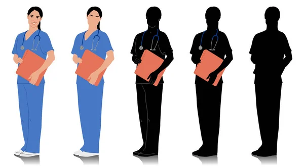 女性医療従事者 女性医師の笑顔で 心臓視鏡を持っています 青い制服のホールディングフォルダの看護師 ベクトルフラットスタイルのイラストは白に分離されています 全長ビュー — ストックベクタ