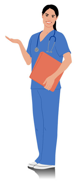Hand-drawn female healthcare worker. Happy smiling female doctor with a stethoscope. Nurse in blue uniform holding folder. Vector flat style illustration set isolated on white. Full length view