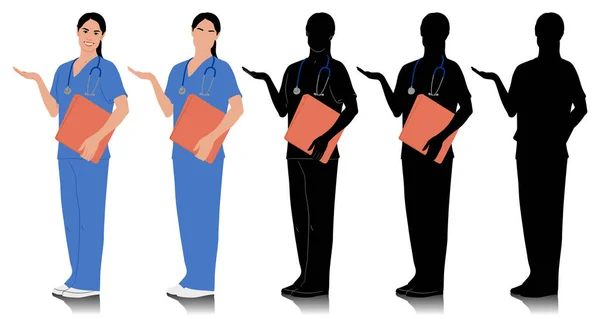 手工绘制的女性保健工作者 带着听诊器的快乐微笑的女医生 穿着蓝色制服的护士夹着文件夹 在白色上孤立的向量平面图形集 全长视图 — 图库矢量图片