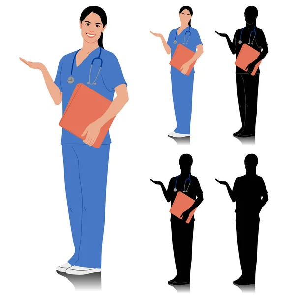 Trabalhadora Saúde Feminina Desenhada Mão Feliz Médico Sorridente Com Estetoscópio —  Vetores de Stock