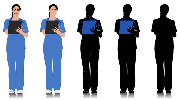 手工绘制的女性保健工作者 带着听诊器的快乐微笑的女医生 身穿蓝色制服的护士拿着剪贴板 在白色上孤立的向量平面图形集 全长视图 — 图库矢量图片