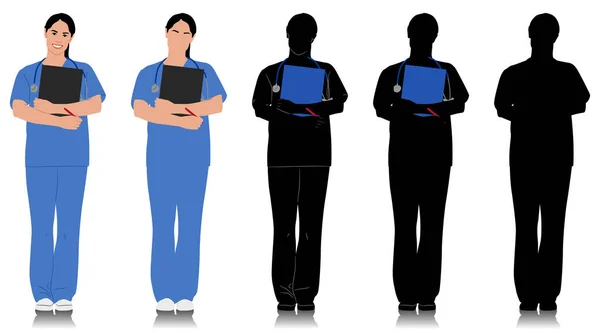 女性医療従事者 女性医師の笑顔で 心臓視鏡を持っています クリップボードを保持する青い制服の看護師 ベクトルフラットスタイルのイラストは白に分離されています 全長ビュー — ストックベクタ