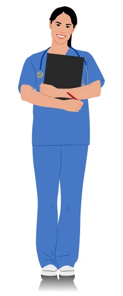 Trabalhadora Saúde Feminina Desenhada Mão Feliz Médico Sorridente Com Estetoscópio — Vetor de Stock