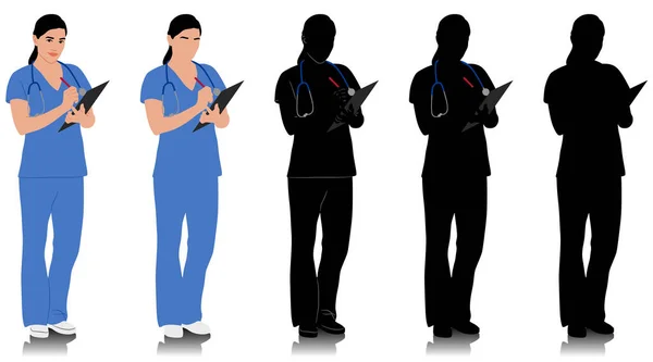 Handgezeichnete Gesundheitsfachangestellte Glücklich Lächelnde Ärztin Mit Stethoskop Krankenschwester Blauer Uniform — Stockvektor
