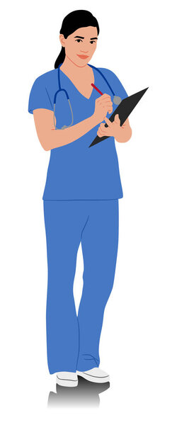 Hand-drawn female healthcare worker. Happy smiling female doctor with a stethoscope. Nurse in blue uniform holding clipboard. Vector flat style illustration set isolated on white. Full length view