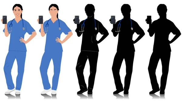 手工绘制的女性保健工作者 带着听诊器的快乐微笑的女医生 身穿蓝色制服的护士拿着剪贴板 在白色上孤立的向量平面图形集 全长视图 — 图库矢量图片