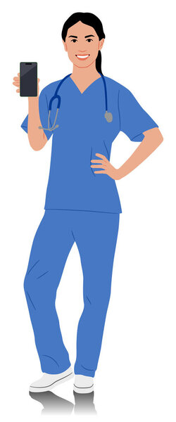 Hand-drawn female healthcare worker. Happy smiling female doctor with a stethoscope. Nurse in blue uniform holding clipboard. Vector flat style illustration set isolated on white. Full length view