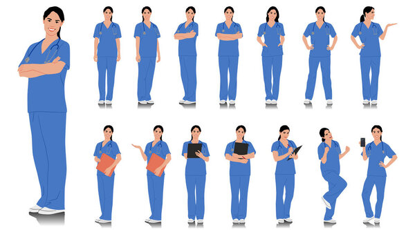 Ручной медработник. Счастливый улыбающийся доктор со стетоскопом. Медсестра в синей форме позирует. Различные цветовые варианты. Векторный плоский набор иллюстраций, изолированный на белом