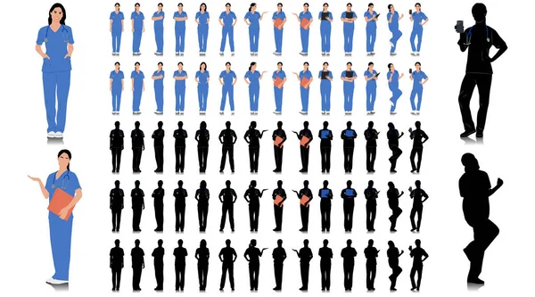El yapımı sağlık çalışanı. Steteskopla gülümseyen mutlu doktor. Mavi üniformalı kadın hemşire poz veriyor. Farklı renk seçenekleri. Vektör düz biçim illüstrasyonu beyaz üzerine izole edildi