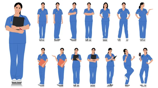 Handgezeichnete Gesundheitsfachangestellte Glücklich Lächelnder Arzt Mit Stethoskop Krankenschwester Blauer Uniform — Stockvektor
