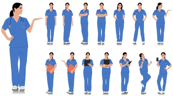 手绘保健工作者 带着听诊器的快乐微笑的医生 身穿蓝色制服的女护士摆姿势 不同的颜色选择 在白色上孤立的向量平面图形集 — 图库矢量图片