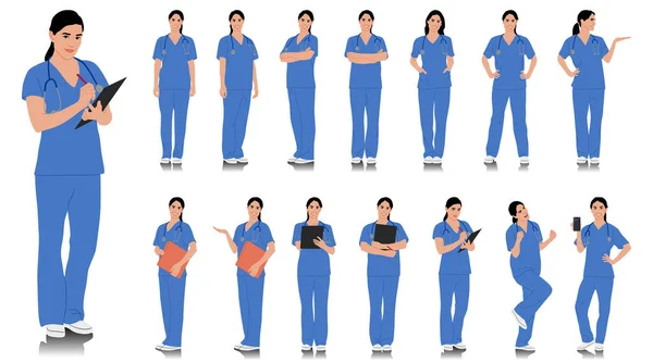 Handgezeichnete Gesundheitsfachangestellte Glücklich Lächelnder Arzt Mit Stethoskop Krankenschwester Blauer Uniform — Stockvektor