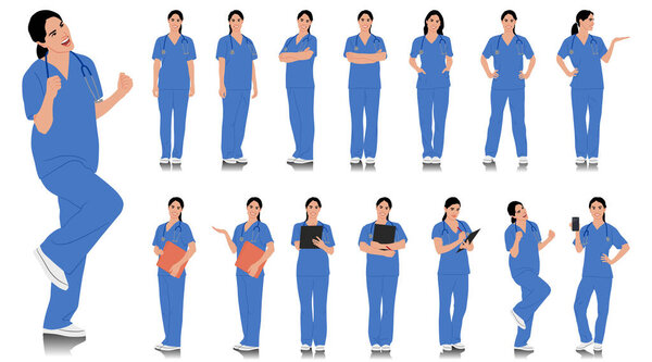 Ручной медработник. Счастливый улыбающийся доктор со стетоскопом. Медсестра в синей форме позирует. Различные цветовые варианты. Векторный плоский набор иллюстраций, изолированный на белом