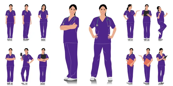 手作業による医療従事者 ステオスコープで笑顔の医者さん 紫色の制服を着た女性看護師 異なる色のオプション ベクトルフラットスタイルのイラストが白に分離 — ストックベクタ