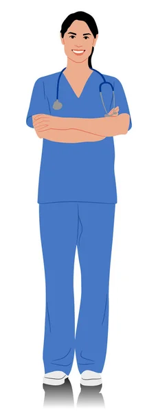 Handgezeichnete Gesundheitsfachangestellte Glücklich Lächelnde Ärztin Mit Stethoskop Krankenschwester Blauer Uniform Stockvektor