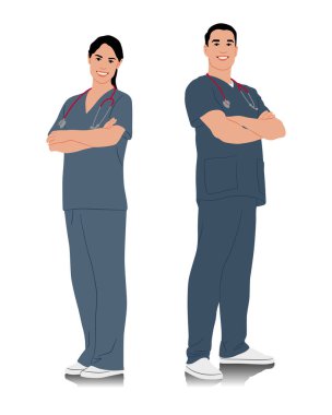 El yapımı sağlık çalışanları. Steteskoplu mutlu gülümseyen doktorlar. Mavi üniformalı kadın ve erkek hemşire poz veriyor. Farklı renk seçenekleri. Vektör düz biçim illüstrasyonu beyaz üzerine izole edildi