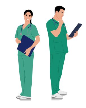 El yapımı sağlık çalışanları. Steteskoplu mutlu gülümseyen doktorlar. Yeşil üniformalı kadın ve erkek hemşire. Farklı renk seçenekleri. Vektör düz biçim illüstrasyonu beyaz üzerine izole edildi