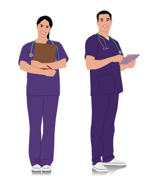 El yapımı sağlık çalışanları. Steteskoplu mutlu gülümseyen doktorlar. Mor üniformalı kadın ve erkek hemşire. Farklı renk seçenekleri. Vektör düz biçim illüstrasyonu beyaz üzerine izole edildi