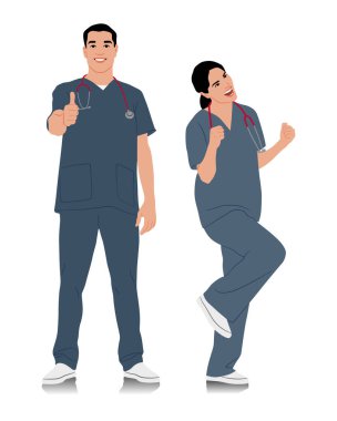 El yapımı sağlık çalışanları. Steteskoplu mutlu gülümseyen doktorlar. Mavi üniformalı kadın ve erkek hemşire poz veriyor. Farklı renk seçenekleri. Vektör düz biçim illüstrasyonu beyaz üzerine izole edildi