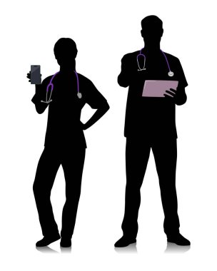 Sağlık çalışanlarının siluetleri. Steteskoplu mutlu gülümseyen doktorlar. Mavi üniformalı kadın ve erkek hemşire poz veriyor. Farklı renk seçenekleri. Vektör düz biçim illüstrasyonu beyaz üzerine izole edildi