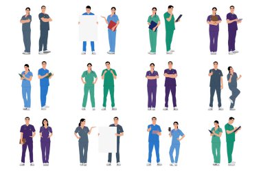 El yapımı sağlık çalışanı seti. Steteskopla gülümseyen mutlu doktor. Mavi üniformalı kadın ve erkek hemşire poz veriyor. Farklı renk seçenekleri. Vektör düz biçim illüstrasyonu beyaz üzerine izole edildi