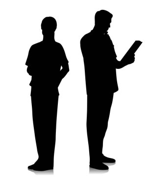 Sağlık çalışanlarının siluetleri. Steteskoplu mutlu gülümseyen doktorlar. Mavi üniformalı kadın ve erkek hemşire poz veriyor. Farklı renk seçenekleri. Vektör düz biçim illüstrasyonu beyaz üzerine izole edildi