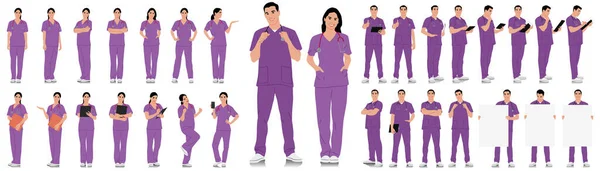Håndtegnet Helsepersonell Lykkelig Smilende Lege Med Stetoskop Mannlig Kvinnelig Sykepleier – stockvektor