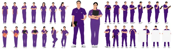 手作り医療従事者セット ステオスコープで笑顔の医者さん 紫色のユニフォームのポーズで男性と女性の看護師 異なる色のオプション ベクトルフラットスタイルのイラストが白に分離 — ストックベクタ