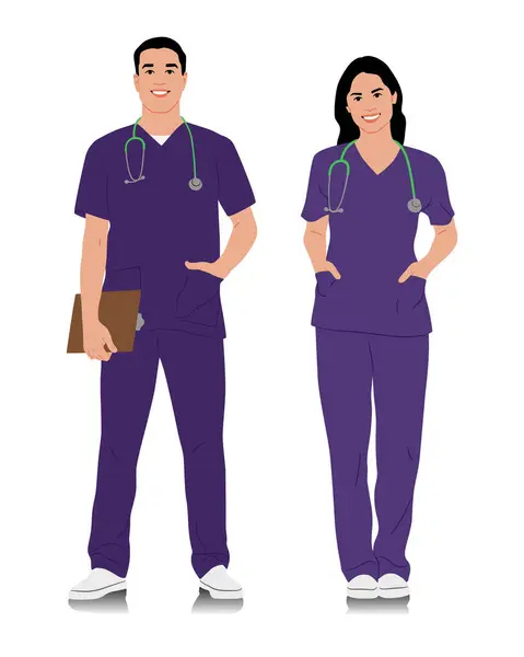 El yapımı sağlık çalışanları. Steteskoplu mutlu gülümseyen doktorlar. Mor üniformalı kadın ve erkek hemşire. Farklı renk seçenekleri. Vektör düz biçim illüstrasyonu beyaz üzerine izole edildi