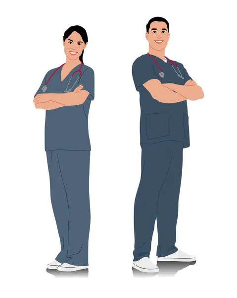 Hand Drawn Healthcare Workers Happy Smiling Doctors Stethoscope Male Female — Stock Vector
