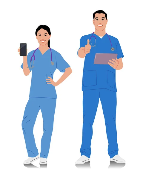 Trabalhadores Saúde Desenhados Mão Médicos Sorridentes Felizes Com Estetoscópio Enfermeira — Vetor de Stock