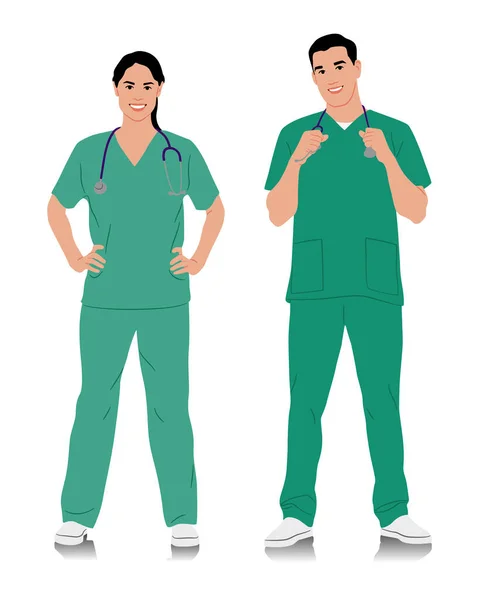 Met Hand Getrokken Gezondheidswerkers Gelukkige Lachende Dokters Met Een Stethoscoop — Stockvector