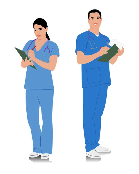手拉手的医护人员 带着听诊器的快乐微笑的医生 身穿蓝色制服的男护士和女护士摆姿势 不同的颜色选择 在白色上孤立的向量平面图形集 — 图库矢量图片