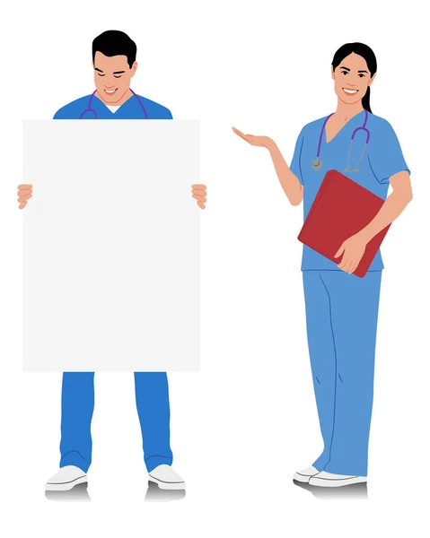 Käsin Piirretyt Terveydenhuollon Työntekijät Hymyileviä Lääkäreitä Stetoskoopilla Mies Nainen Sairaanhoitaja — vektorikuva