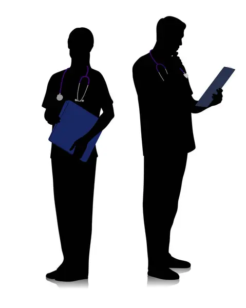 Silhouettes Travailleurs Santé Heureux Médecins Souriants Avec Stéthoscope Infirmière Masculine — Image vectorielle