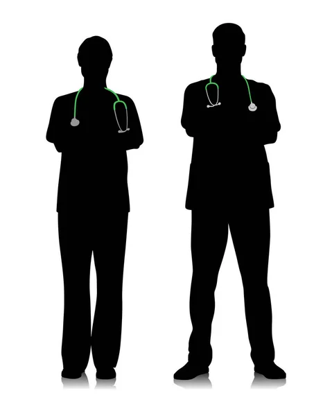 Silhouettes Travailleurs Santé Heureux Médecins Souriants Avec Stéthoscope Infirmière Masculine — Image vectorielle