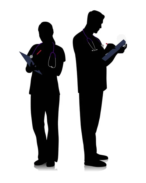 Silhouetten Van Gezondheidswerkers Gelukkige Lachende Dokters Met Een Stethoscoop Mannelijke — Stockvector