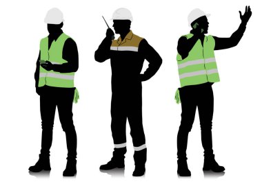Farklı pozlarda ve renk seçeneklerinde kask ve yelek takan erkek işçilerden oluşan siluet. Vektör illüstrasyonu beyazda izole edildi