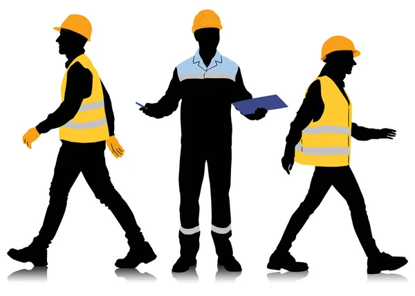 一组不同姿势和颜色的戴头盔和背心的男工和女工的轮廓 在白色上孤立的向量图 — 图库矢量图片