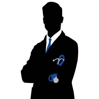 Beyaz önlüklü bir doktorun silueti steteskopu elinde tutuyor. El çizimi vektör çizimi beyaz üzerine izole edildi