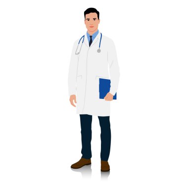 Beyaz önlüklü bir doktor elinde bir pano tutuyor. El çizimi vektör çizimi beyaz üzerine izole edildi