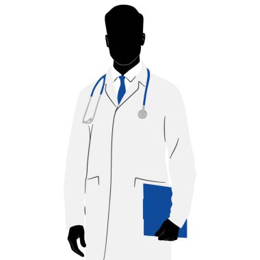 Beyaz önlüklü bir doktorun silueti elinde bir dosya tutuyor. El çizimi vektör çizimi beyaz üzerine izole edildi