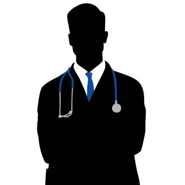 Çapraz elli beyaz önlüklü bir doktorun silüeti. Erkek sağlık çalışanı. El çizimi vektör çizimi beyaz üzerine izole edildi