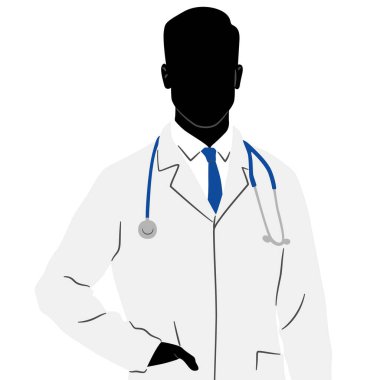 Eli cebinde beyaz önlüklü bir doktorun silueti. Erkek sağlık çalışanı. El çizimi vektör çizimi beyaz üzerine izole edildi