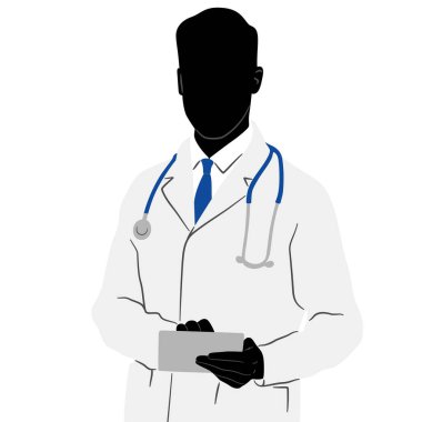 Elinde tabletle beyaz önlüklü bir doktorun silueti. Erkek sağlık çalışanı. El çizimi vektör çizimi beyaz üzerine izole edildi